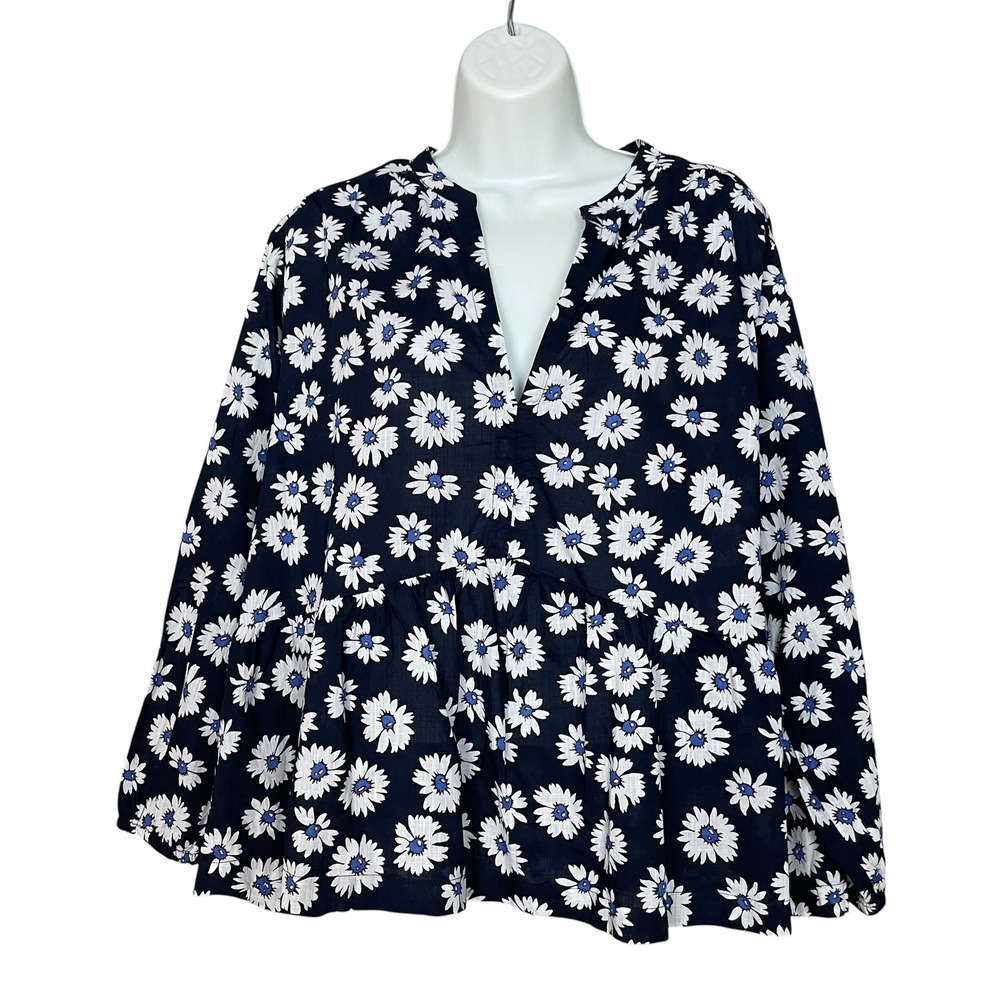 NWT Gap Floral Peplum Blouse Women XL Navy Blue‎ Daisy Split V-Neck Long Sleeve